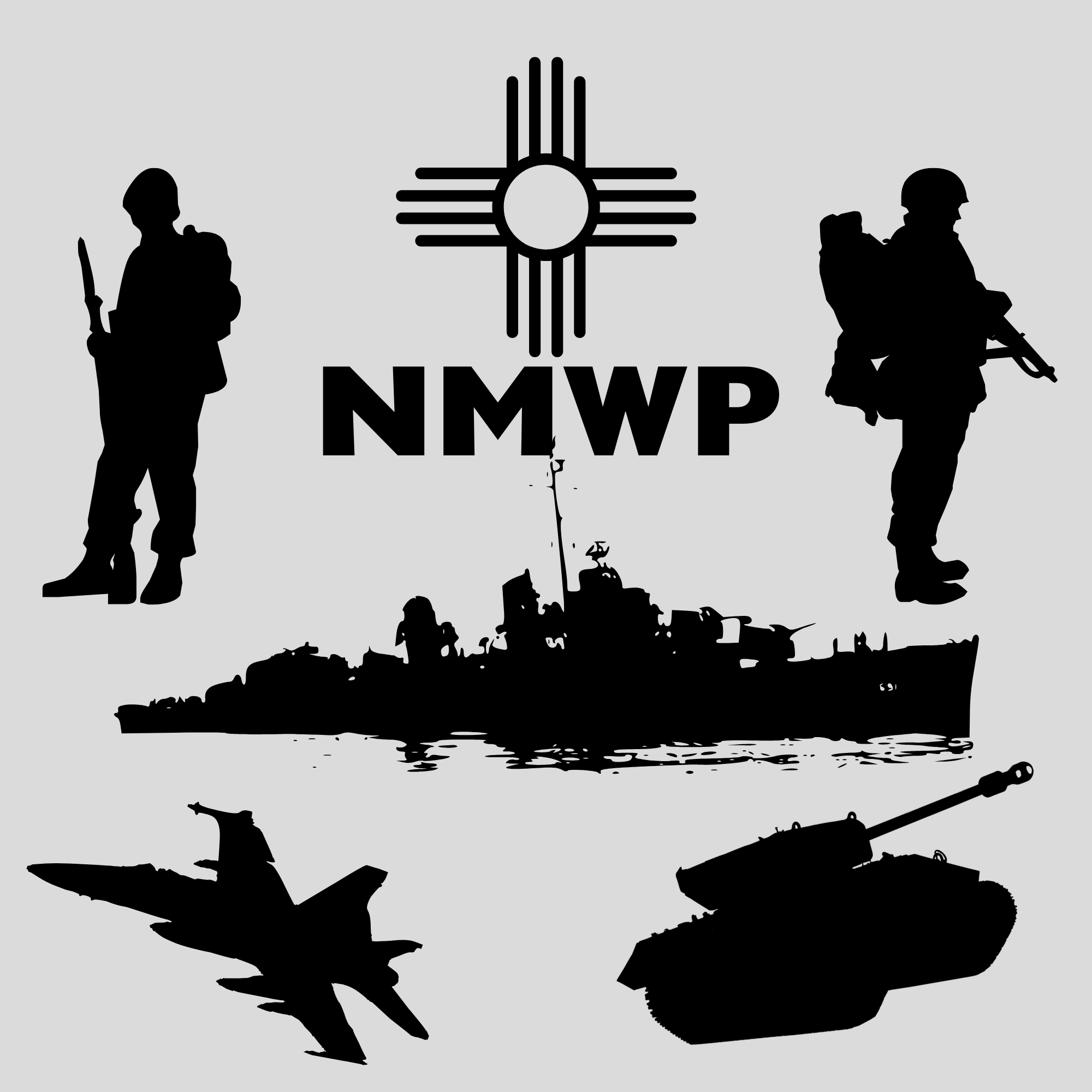 a battleship,tank, fighter jet and two soldiers in a grey background logo.