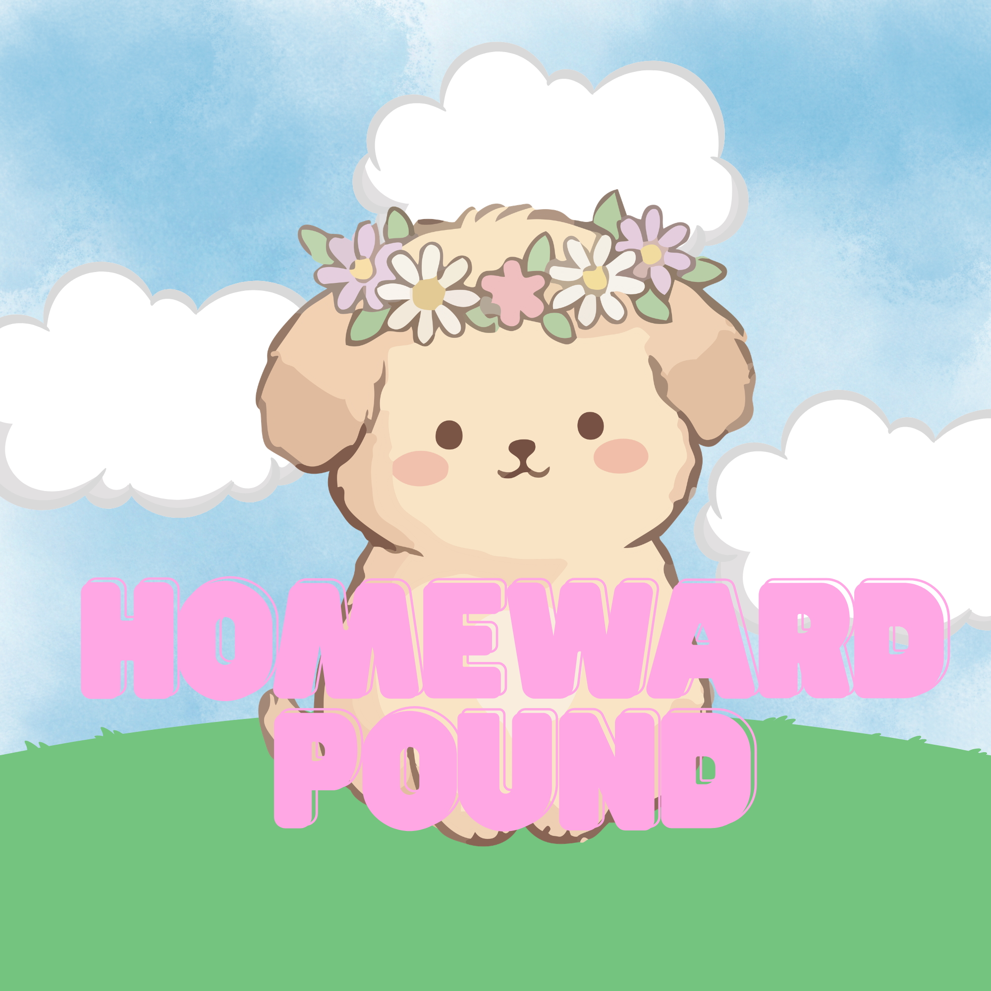 a dog with a flower crown standing in front of grass and a blue sky