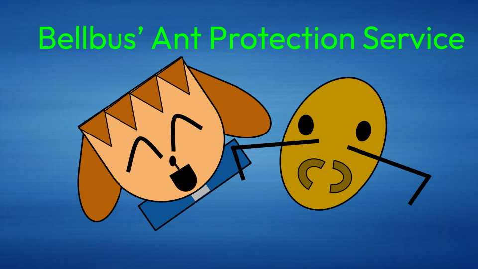 A brown shih-tzu with an ant, above them says Bellbus' Ant Protection Service