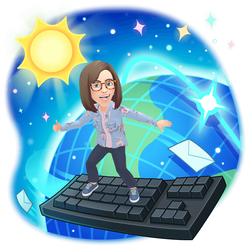 Ms. Geores' avatar surfing a keyboard in space